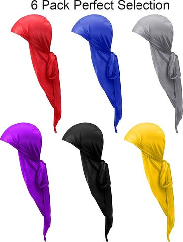 SATINIOR 6 Pieces Kids Satin Silk Durag Caps Wave Wide Strap Headwraps Long Tail Turban Beanies for Boys Girls, Multicoloured, Medium in Saudi Arabia