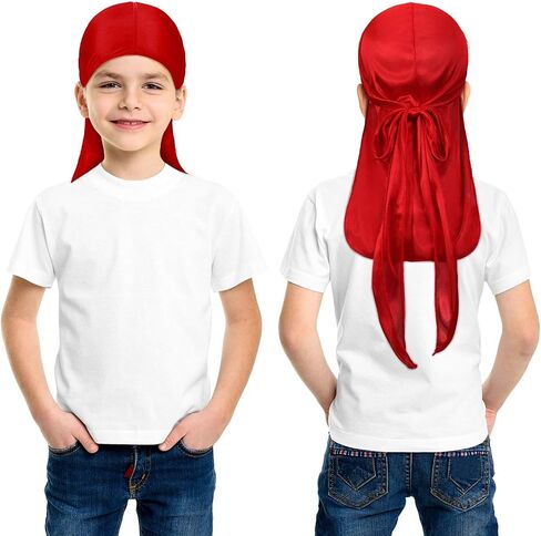 SATINIOR 6 Pieces Kids Satin Silk Durag Caps Wave Wide Strap Headwraps Long Tail Turban Beanies for Boys Girls, Multicoloured, Medium in Saudi Arabia