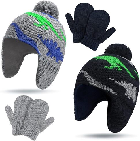 SATINIOR 4 PCS Baby Boy Toddler Dinosaur Hat and Glove Set Boys Winter Beanie Kids Gloves Earflap Fleece Skiing Caps with Warm Ear Flap (Grey, Navy Blue, Green, Blue) in Saudi Arabia