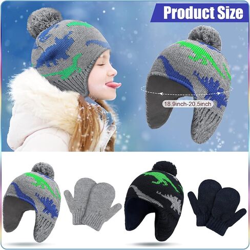 SATINIOR 4 PCS Baby Boy Toddler Dinosaur Hat and Glove Set Boys Winter Beanie Kids Gloves Earflap Fleece Skiing Caps with Warm Ear Flap (Grey, Navy Blue, Green, Blue) in Saudi Arabia