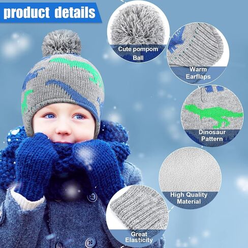 SATINIOR 4 PCS Baby Boy Toddler Dinosaur Hat and Glove Set Boys Winter Beanie Kids Gloves Earflap Fleece Skiing Caps with Warm Ear Flap (Grey, Navy Blue, Green, Blue) in Saudi Arabia