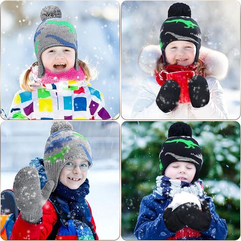 SATINIOR 4 PCS Baby Boy Toddler Dinosaur Hat and Glove Set Boys Winter Beanie Kids Gloves Earflap Fleece Skiing Caps with Warm Ear Flap (Grey, Navy Blue, Green, Blue) in Saudi Arabia