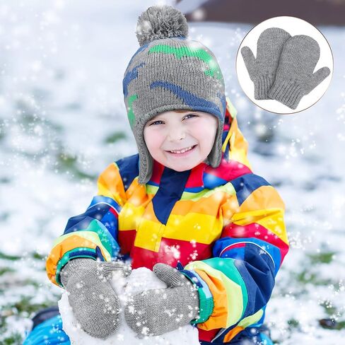 SATINIOR 4 PCS Baby Boy Toddler Dinosaur Hat and Glove Set Boys Winter Beanie Kids Gloves Earflap Fleece Skiing Caps with Warm Ear Flap (Grey, Navy Blue, Green, Blue) in Saudi Arabia