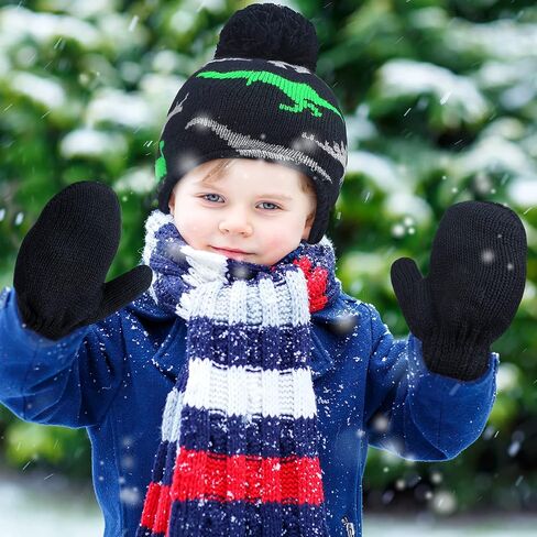 SATINIOR 4 PCS Baby Boy Toddler Dinosaur Hat and Glove Set Boys Winter Beanie Kids Gloves Earflap Fleece Skiing Caps with Warm Ear Flap (Grey, Navy Blue, Green, Blue) in Saudi Arabia
