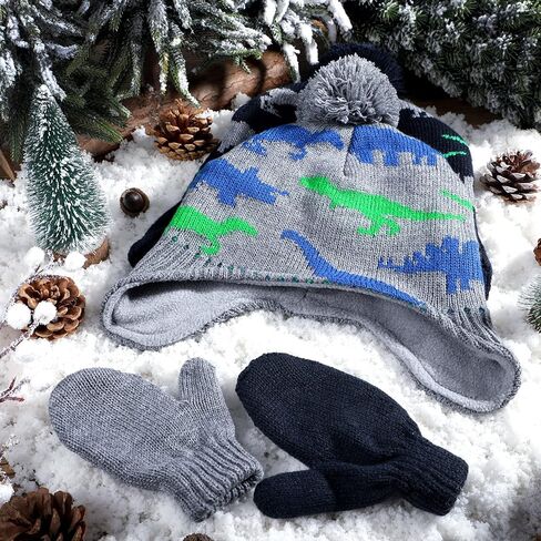 SATINIOR 4 PCS Baby Boy Toddler Dinosaur Hat and Glove Set Boys Winter Beanie Kids Gloves Earflap Fleece Skiing Caps with Warm Ear Flap (Grey, Navy Blue, Green, Blue) in Saudi Arabia