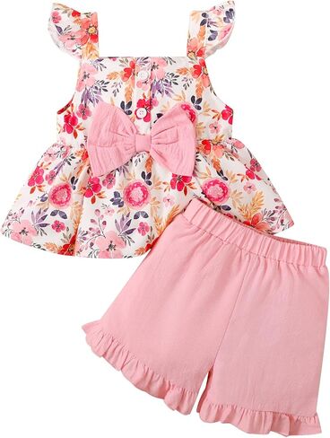 Veikimous طفل رضيع فتاة ملابس الصيف الرضع أطقم ملابس للفتيات كشكش الأزهار بلوزات بلا اكمام مجموعات قصيرة ملابس الفتيات الصغيرات in Kuwait