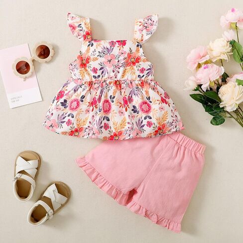Veikimous طفل رضيع فتاة ملابس الصيف الرضع أطقم ملابس للفتيات كشكش الأزهار بلوزات بلا اكمام مجموعات قصيرة ملابس الفتيات الصغيرات in Kuwait