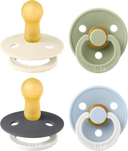 BIBS Colour Soother 4-Pack | BPA Free Dummy Pacifier | Round Nipple | Natural Rubber Latex | Made in Denmark | Size 18-36 Months | Iron Glow Mix in Kuwait