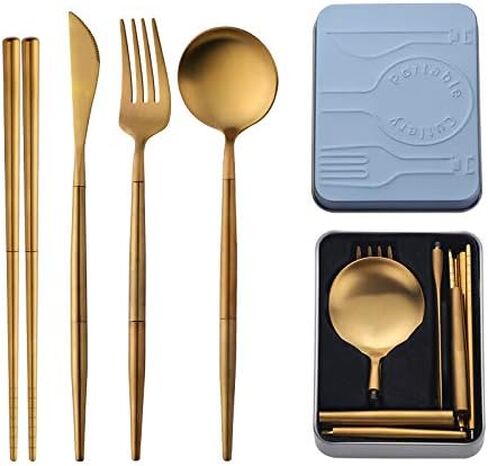 Do Buy Portable & Reusable Stainless Steel Travel Cutlery Set，Folding Utensil Set with Case ，for Camping, Picnic, Office and On-The-Go (Pocket Sized Flatware Set) (Black) (Black) in Kuwait
