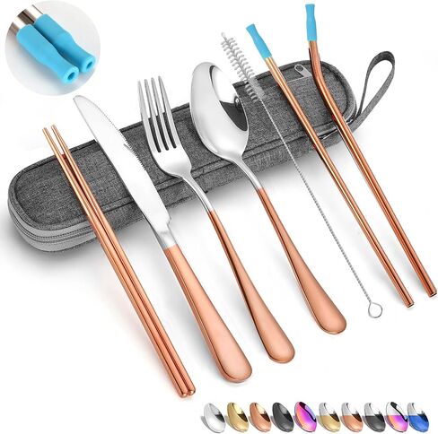 Travel Reusable Utensils Silverware with Case,Travel Camping Cutlery set,Chopsticks and Straw Portable Flatware with Case, Stainless steel Travel Utensil set 8 Piece AF(Silver-Gold） in Kuwait