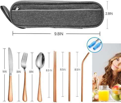Travel Reusable Utensils Silverware with Case,Travel Camping Cutlery set,Chopsticks and Straw Portable Flatware with Case, Stainless steel Travel Utensil set 8 Piece AF(Silver-Gold） in Kuwait