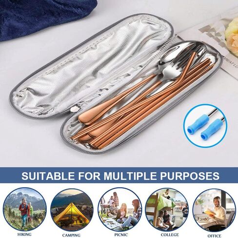 Travel Reusable Utensils Silverware with Case,Travel Camping Cutlery set,Chopsticks and Straw Portable Flatware with Case, Stainless steel Travel Utensil set 8 Piece AF(Silver-Gold） in Kuwait