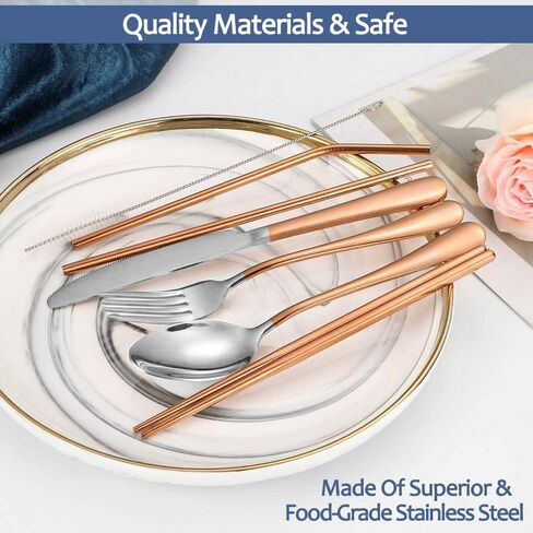 Travel Reusable Utensils Silverware with Case,Travel Camping Cutlery set,Chopsticks and Straw Portable Flatware with Case, Stainless steel Travel Utensil set 8 Piece AF(Silver-Gold） in Kuwait