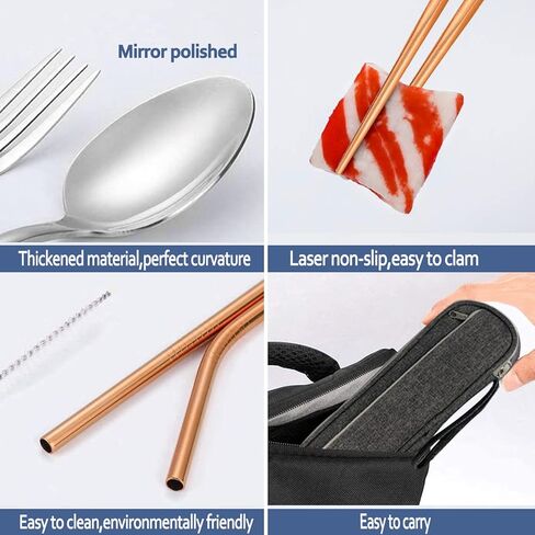 Travel Reusable Utensils Silverware with Case,Travel Camping Cutlery set,Chopsticks and Straw Portable Flatware with Case, Stainless steel Travel Utensil set 8 Piece AF(Silver-Gold） in Kuwait