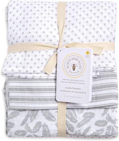 Burt's Bees Baby - HM25785 - قماط، بطانيات أطفال من قطن الموسلين، 3 عبوات، متعددة الأغراض خفيفة الوزن وقابلة للتنفس مصنوعة من القطن العضوي بنسبة 100% (Dottie Bee) in Kuwait