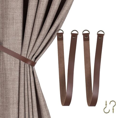 Home Queen Leather Curtain Tie Backs Attach to Wall, Outdoor Drape Holder Holdbacks Tiebacks with Hooks, Set of 2, Chocolate in Saudi Arabia