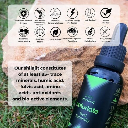 NATURIATE Sundried Shilajit Liquid Drops - Pure Himalayan Authentic 60 Days Sun Dried Shilajit - Source of Natural Herbal Trace Minerals, Fulvic Acid 85% - Humic Acid 12% (30ml, Pack of 1) in Saudi Arabia