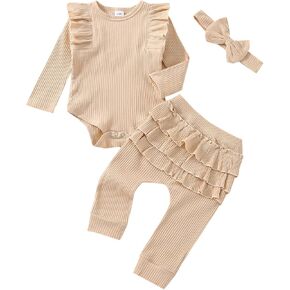 Baby Girl Clothes Newborn Infant Fall Winter Outifts Ribbed Ruffle Long Sleeve Romper Pant Outfit Set 3pcs 0-18Months in Saudi Arabia