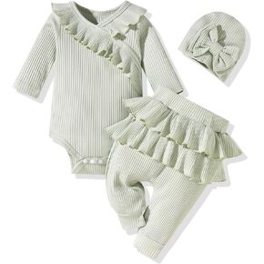 fioukiay Preemie Newborn Baby Girl Clothes Infant Girl Solid Ribbed Outfits Ruffle Romper and Pants 3PC Clothing Sets