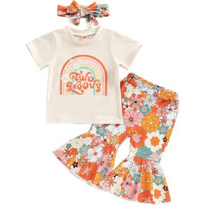 CHAUKAREAUL 1st Birthday Outfit Girl One Groovy Print Short Sleeve Romper Shirt Floral Bell Bottom Pants One Year Old 3Pcs