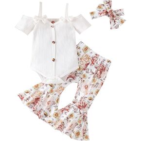 Lefyira Cow Print Bell Bottoms Outfits Toddler Girl Short Sleeve Romper Rib Knit Button Bodysuit Flare Pants Clothes Summer