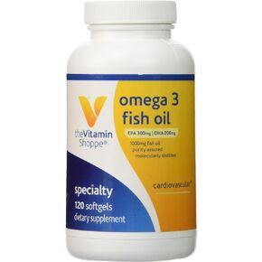 The Vitamin Shoppe Omega 3 Fish Oil 1000mg, EPA 300mg & DHA 200mg, Purity Assured, Molecularly Distilled to Support Cardiovascular, Joint and Brain Health (120 Softgels)