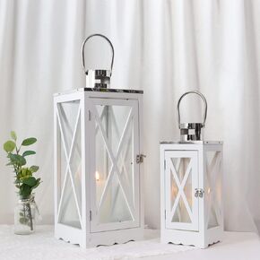 TRIROCKS Set of 2 Farmhouse Wood Lantern 17.5''&24.5'' Metal Decorative Outdoor Lantern with Tempered Glass Rustic Candle Holder for Thanksgiving Christmas Patio Garden Indoor Outdoor(White Rectangle) in Saudi Arabia