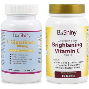 BeShiny Skin Whitening L-Glutathione Intracellular Antioxidant 1000mg (60 Capsules) and Brightening Vitamin C 1000mg (60 Tablets) — Skin Lightening Bundle in Kuwait
