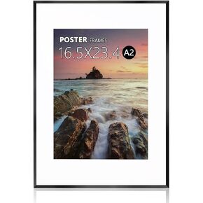 A2 Poster Frame,16.5x23.4 Black Thin Aluminum Picture Frames with Polished Plexiglass,Easy to Hang,Display Picture A2 without Mat or A3 with Mat for Wall Mounting Horizontally and Vertically