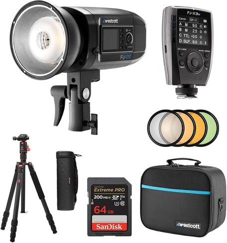Westcott FJ400 Strobe 400Ws مع بطارية AC/DC، مشغل فلاش لاسلكي، حامل ثلاثي القوائم، بطاقة SD سعة 64 جيجابايت in Saudi Arabia