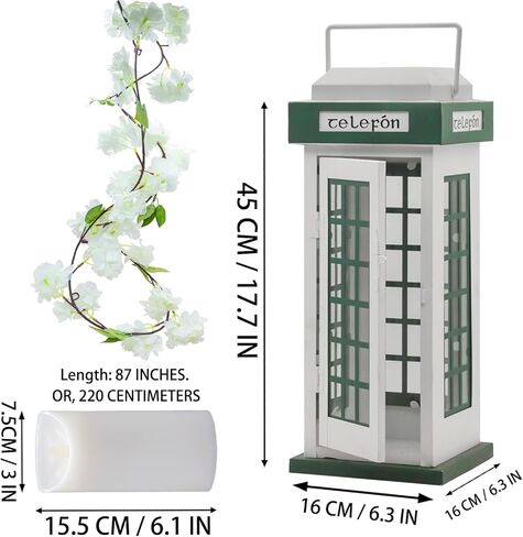 Yonxuleo Metal Candle Lantern Decorative Telephone Booth Design with Artificial Sakura Bouquets Metal Candle Holder Outdoor Decor Garden Patio Decoration in Kuwait