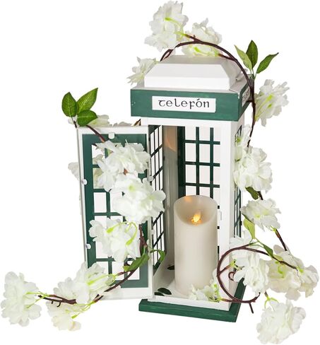 Yonxuleo Metal Candle Lantern Decorative Telephone Booth Design with Artificial Sakura Bouquets Metal Candle Holder Outdoor Decor Garden Patio Decoration in Kuwait