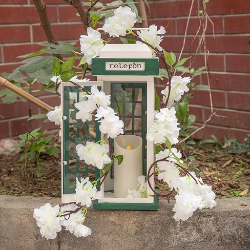 Yonxuleo Metal Candle Lantern Decorative Telephone Booth Design with Artificial Sakura Bouquets Metal Candle Holder Outdoor Decor Garden Patio Decoration in Kuwait