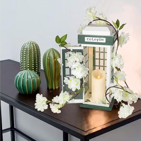 Yonxuleo Metal Candle Lantern Decorative Telephone Booth Design with Artificial Sakura Bouquets Metal Candle Holder Outdoor Decor Garden Patio Decoration in Kuwait