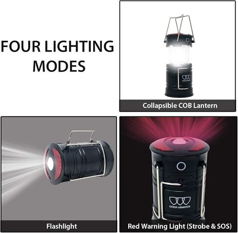 فانوس LED ذهبي مدرع، فوانيس تخييم أكثر سطوعًا 2X، قابلة للطي مع ضوء أحمر 4 أوضاع، ضوء طوارئ يعمل بالبطارية لانقطاع الأعاصير، ملحقات معدات النجاة (عبوتان) in Kuwait