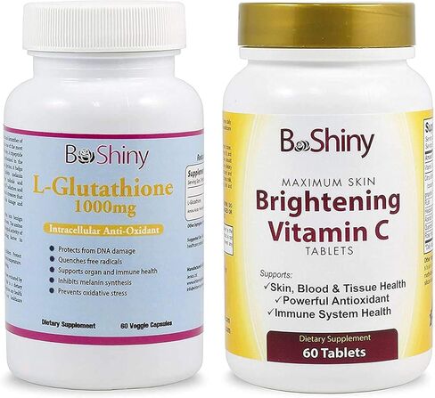 BeShiny Skin Whitening L-Glutathione Intracellular Antioxidant 1000mg (60 Capsules) and Brightening Vitamin C 1000mg (60 Tablets) — Skin Lightening Bundle in Kuwait