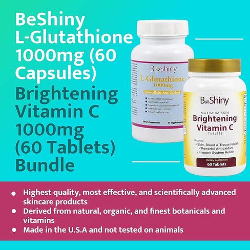 BeShiny Skin Whitening L-Glutathione Intracellular Antioxidant 1000mg (60 Capsules) and Brightening Vitamin C 1000mg (60 Tablets) — Skin Lightening Bundle in Kuwait