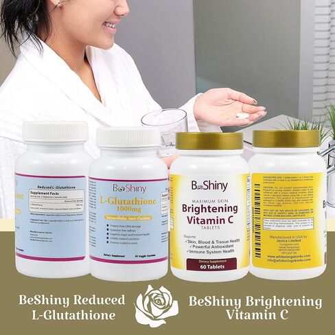 BeShiny Skin Whitening L-Glutathione Intracellular Antioxidant 1000mg (60 Capsules) and Brightening Vitamin C 1000mg (60 Tablets) — Skin Lightening Bundle in Kuwait