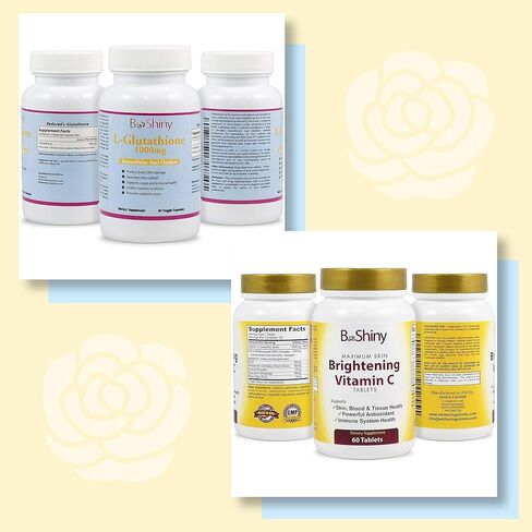 BeShiny Skin Whitening L-Glutathione Intracellular Antioxidant 1000mg (60 Capsules) and Brightening Vitamin C 1000mg (60 Tablets) — Skin Lightening Bundle in Kuwait