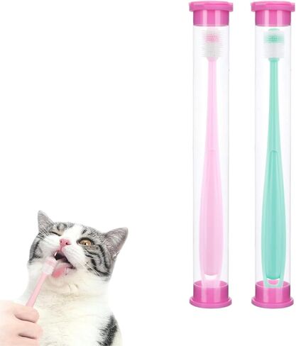 طقم فرشاة أسنان للكلاب من تاكباك، 360 درجة، فرشاة أسنان للقطط ذات رائحة منعشة عميقة مع صندوق تخزين بمقبض من السيليكون، مجموعة العناية بأسنان القطط والكلاب ونظافة الفم للحيوانات الأليفة (وردي + أزرق) in Kuwait