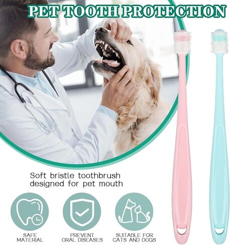طقم فرشاة أسنان للكلاب من تاكباك، 360 درجة، فرشاة أسنان للقطط ذات رائحة منعشة عميقة مع صندوق تخزين بمقبض من السيليكون، مجموعة العناية بأسنان القطط والكلاب ونظافة الفم للحيوانات الأليفة (وردي + أزرق) in Kuwait
