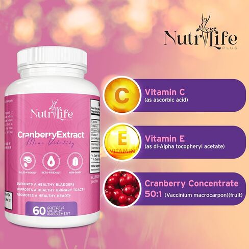 Nutrilife Plus Cranberry Extract Immune Support Supplement - Cranberry Softgels W/Vitamin C, E, & Cranberry Concentrate - Cranberry Supplement for Urinary Tract Health, Bladder, & Kidney Support in Saudi Arabia