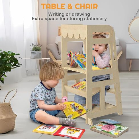 مقعد مطبخ مساعد للاطفال من سن 1-6 سنوات، متجر بقالة خشبي للعب التظاهري، مقعد تعليمي على الطاولة مع قضبان امان مزدوجة، مقعد مونتيسوري للاطفال هدايا عيد الميلاد والكريسماس in Kuwait