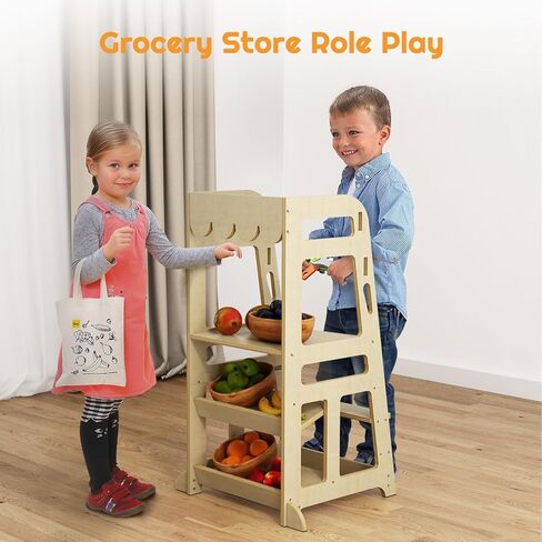 مقعد مطبخ مساعد للاطفال من سن 1-6 سنوات، متجر بقالة خشبي للعب التظاهري، مقعد تعليمي على الطاولة مع قضبان امان مزدوجة، مقعد مونتيسوري للاطفال هدايا عيد الميلاد والكريسماس in Kuwait
