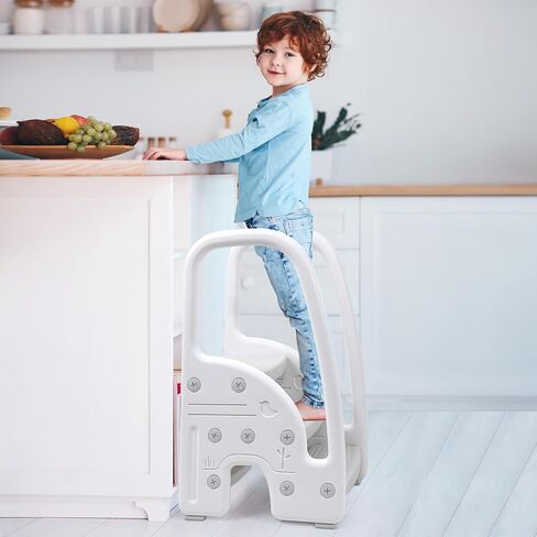 RONIPIC Step Stool Ladder with Handle for Kids,Learning Helper for Toilet Potty Training, Adjustable Toddler 2 3 Step Stool Non-Slip Design,Standing Tower for Bathroom&Kitchen Counter (Grey-White) in Kuwait