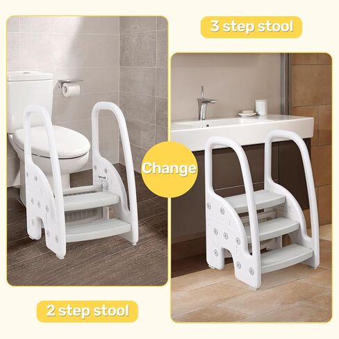 RONIPIC Step Stool Ladder with Handle for Kids,Learning Helper for Toilet Potty Training, Adjustable Toddler 2 3 Step Stool Non-Slip Design,Standing Tower for Bathroom&Kitchen Counter (Grey-White) in Kuwait