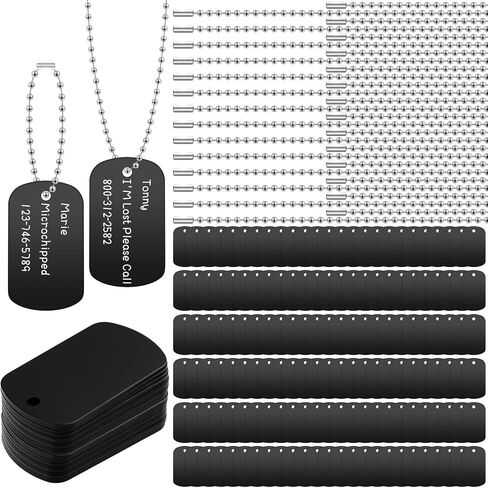 Military Dog Tags Set Blank Bulk Aluminum Blank Dog Tags Ball Steel Chain Rectangle Metal Stamping Tags for DIY Decorative Craft Pet Dog Identification Tags Supplies, Black(200 Sets) in Kuwait