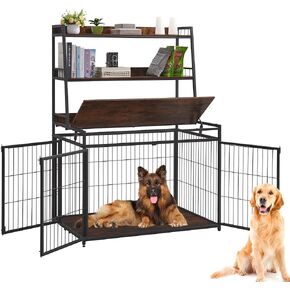 Sufulaa Furniture Style Dog Crate for Large Dog, Heavy Duty Anti-Chew Dog Kennel Furniture with 3 Doors, Wooden Indoor Basic Dog Cage with 3-Layer Storage Shelves (Rustic Brown Wood Grain, Large) in Kuwait