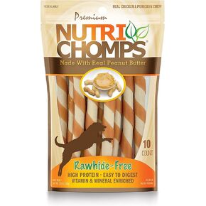 مضغ NutriChomps للكلاب بحجم 5 بوصات، سهل الهضم، مكافآت للكلاب خالية من الجلود الخام، نكهة زبدة الفول السوداني الحقيقية ونكهة الدجاج الحقيقية (NT112V) - 10 قطع (عبوة من قطعتين) in Kuwait