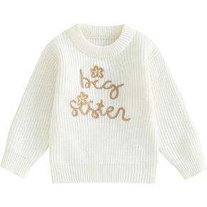 SHUING Toddler Kids Girls Fall Sweater Big Sister&Flower Embroidery Round Neck Long Sleeve Pullover Tops Fall Outfit in Saudi Arabia
